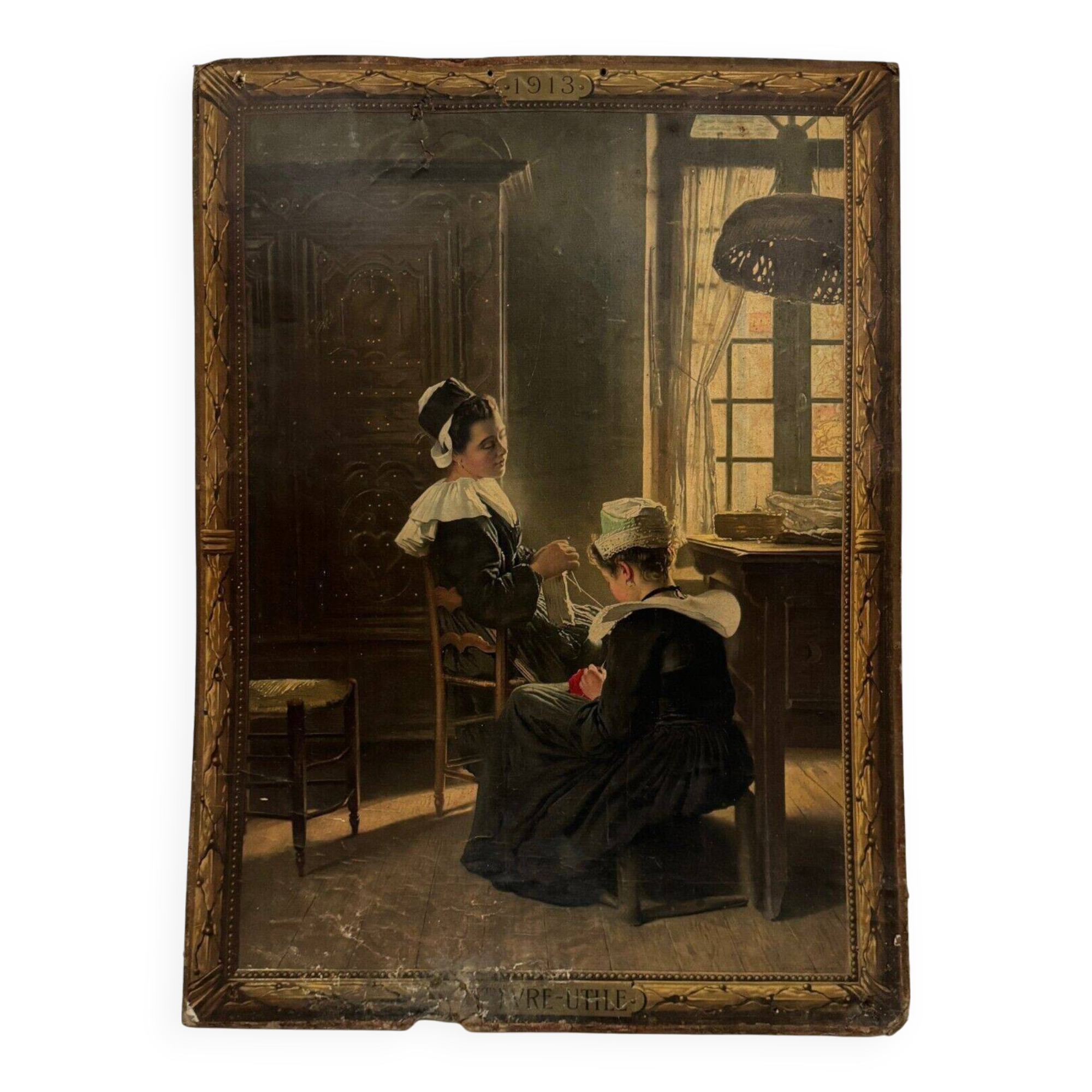 Sign read on cardboard illustrated with two Breton women in costume