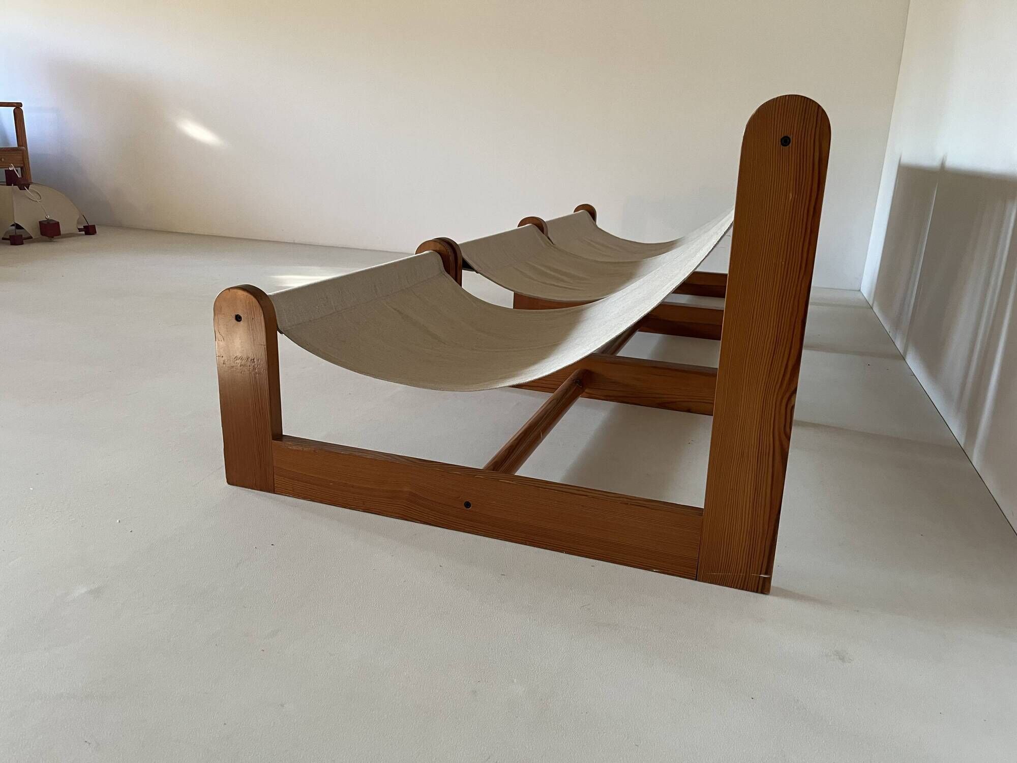 Sling chair in pine, canvas and sheepskin, 1970s