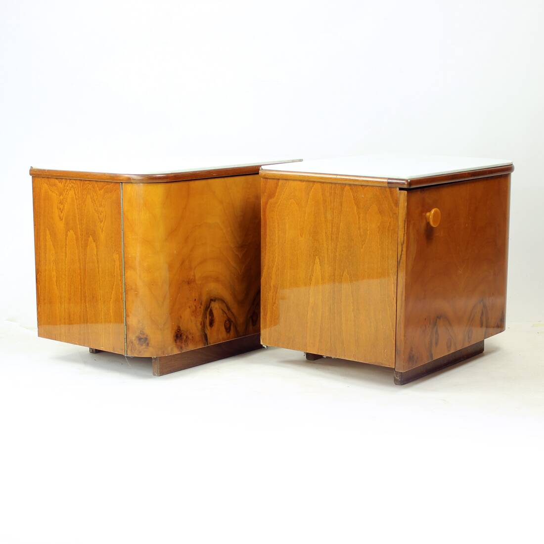 Classical Bedside Tables In Walnut And White Glass, Czechoslovakia 1960s