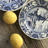 Lot of 4 dessert plates in white porcelain and Dutch mill design