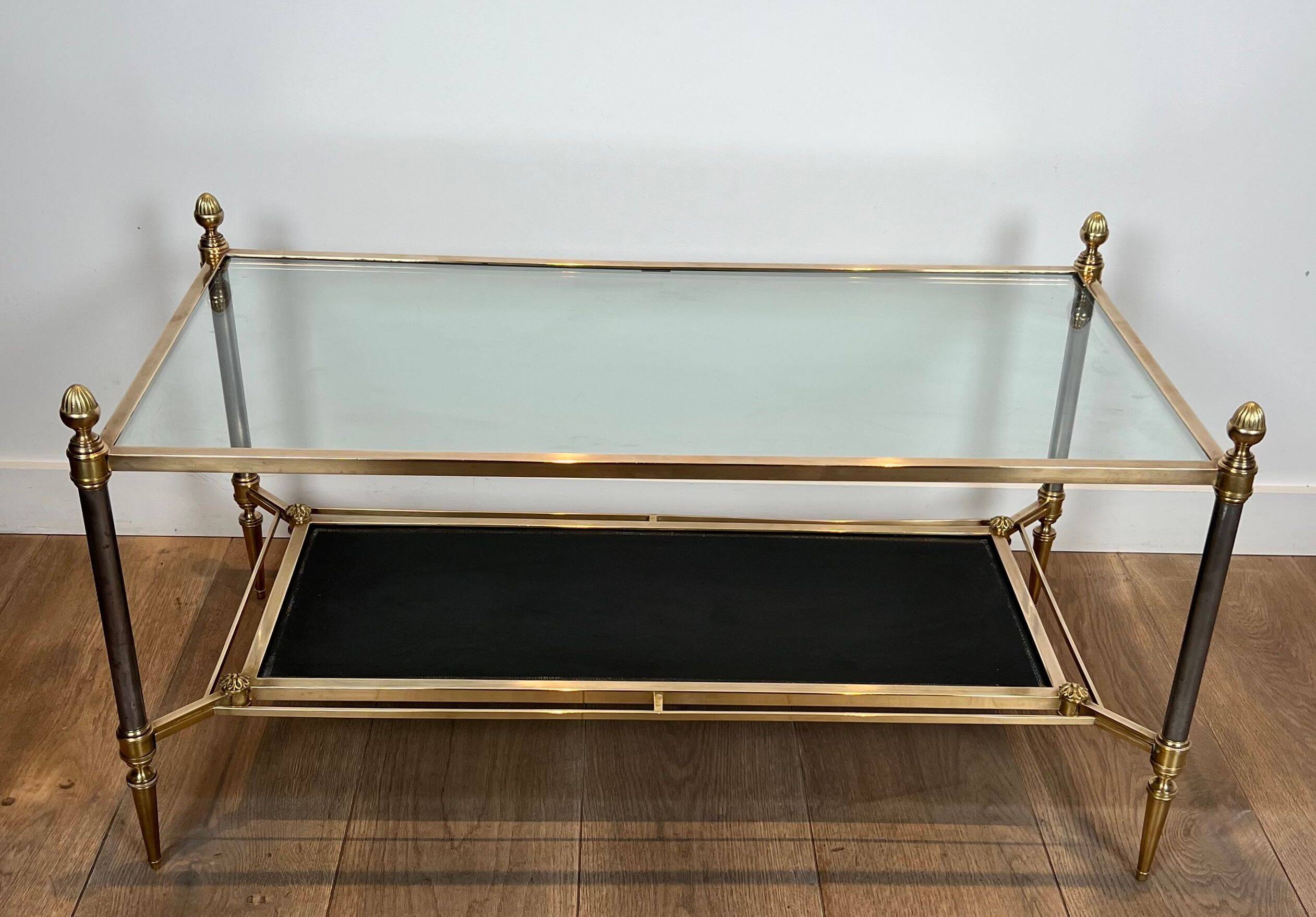 Table basse en laiton et plateau en cuir noir de la Maison Jansen