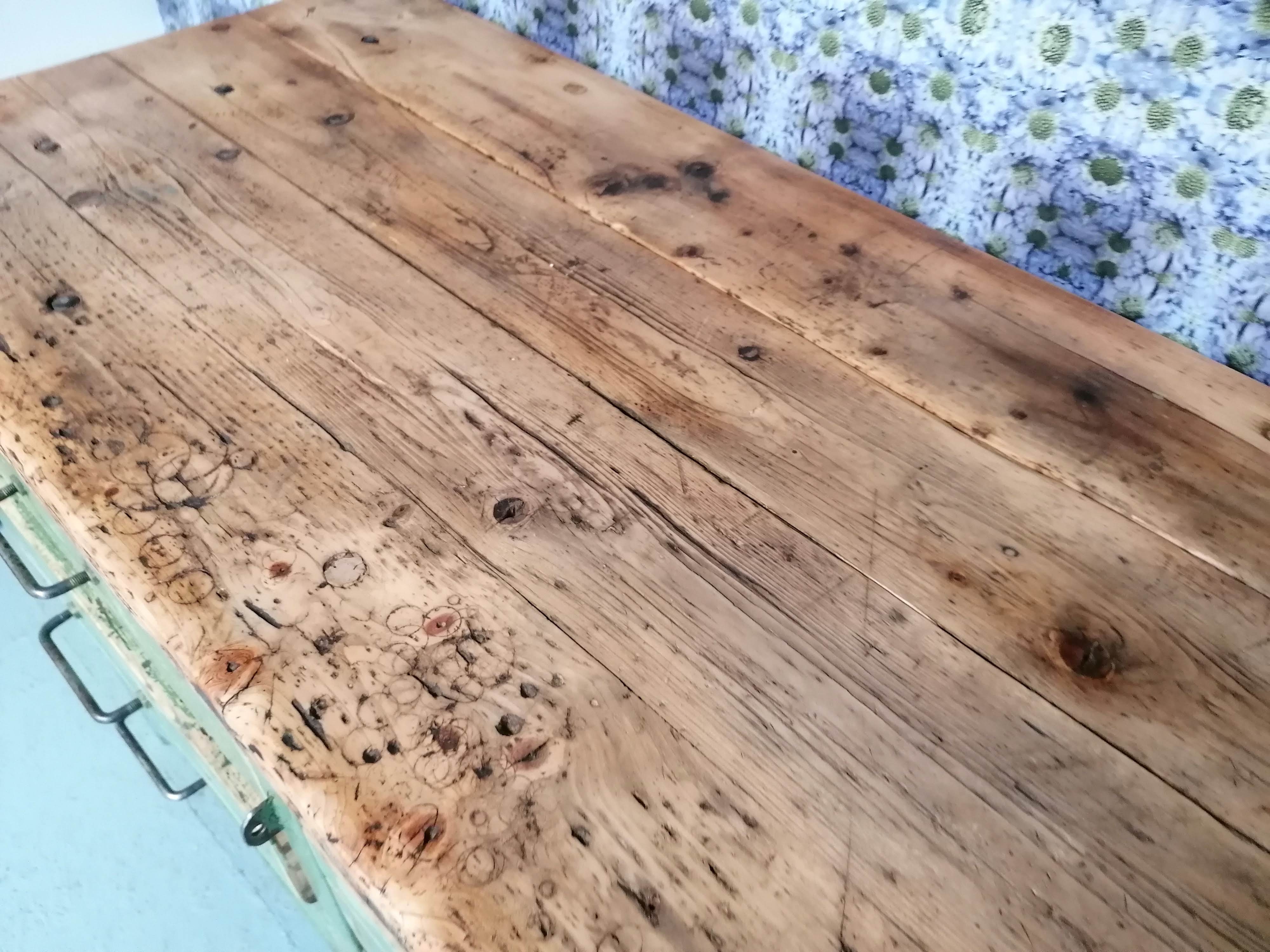 Old wooden garage workbench, industrial vintage.
