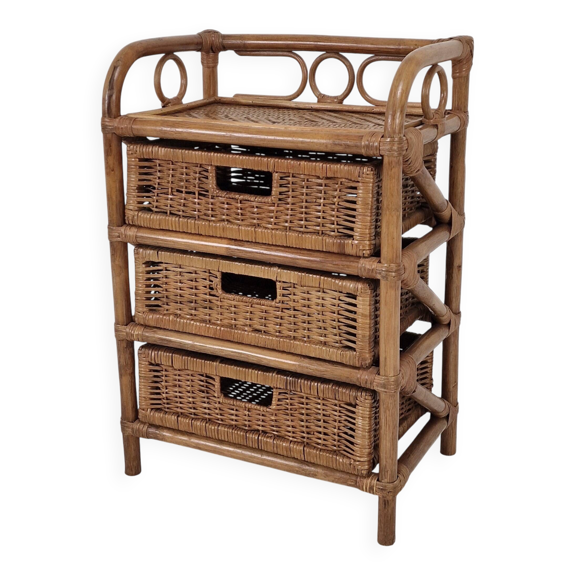 Italian Rattan and Wicker Three-Drawer Chest, 1970s