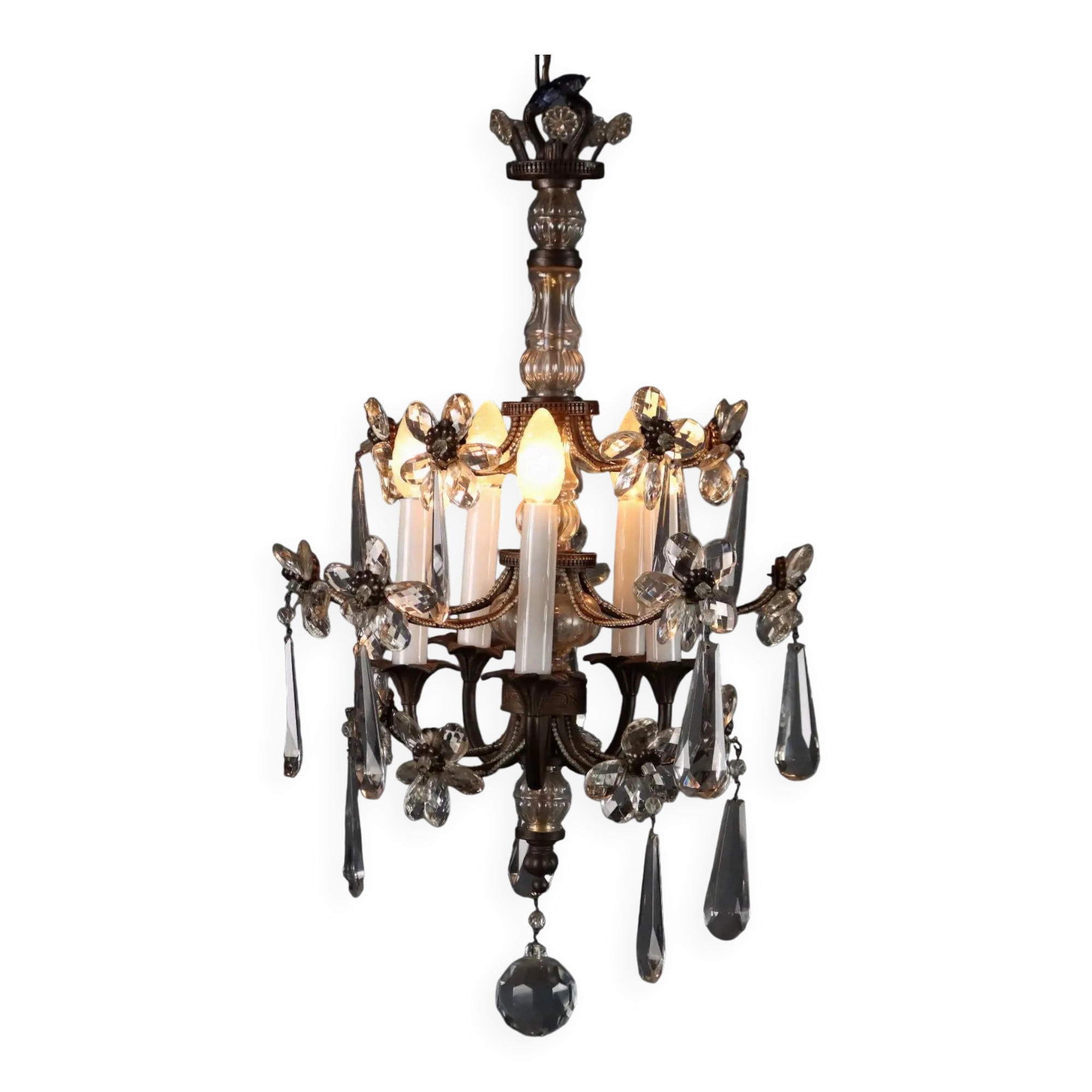 Antique metal and glass chandelier with 5 lights, Italy, 19th century.