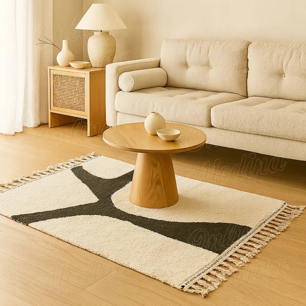 Atlas Berber rug in ecru with organic black pattern.