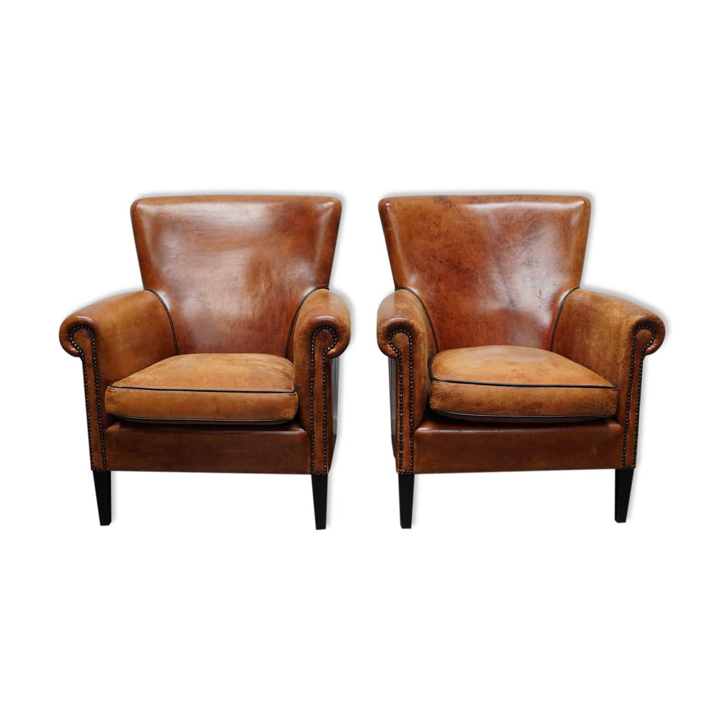 Fauteuil club en cuir vintage hollandais de couleur cognac, ensemble de 2