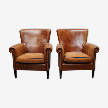 Fauteuil club en cuir vintage hollandais de couleur cognac, ensemble de 2