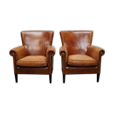 Fauteuil club en cuir vintage hollandais de couleur cognac, ensemble de 2