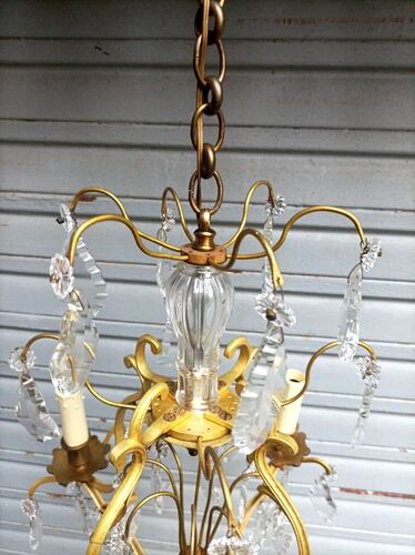 Rare antique cage chandelier in gilded bronze and crystal, 4 lights / WORKING CONDITION GAU?