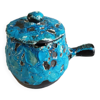 Blue ceramic fondue pot