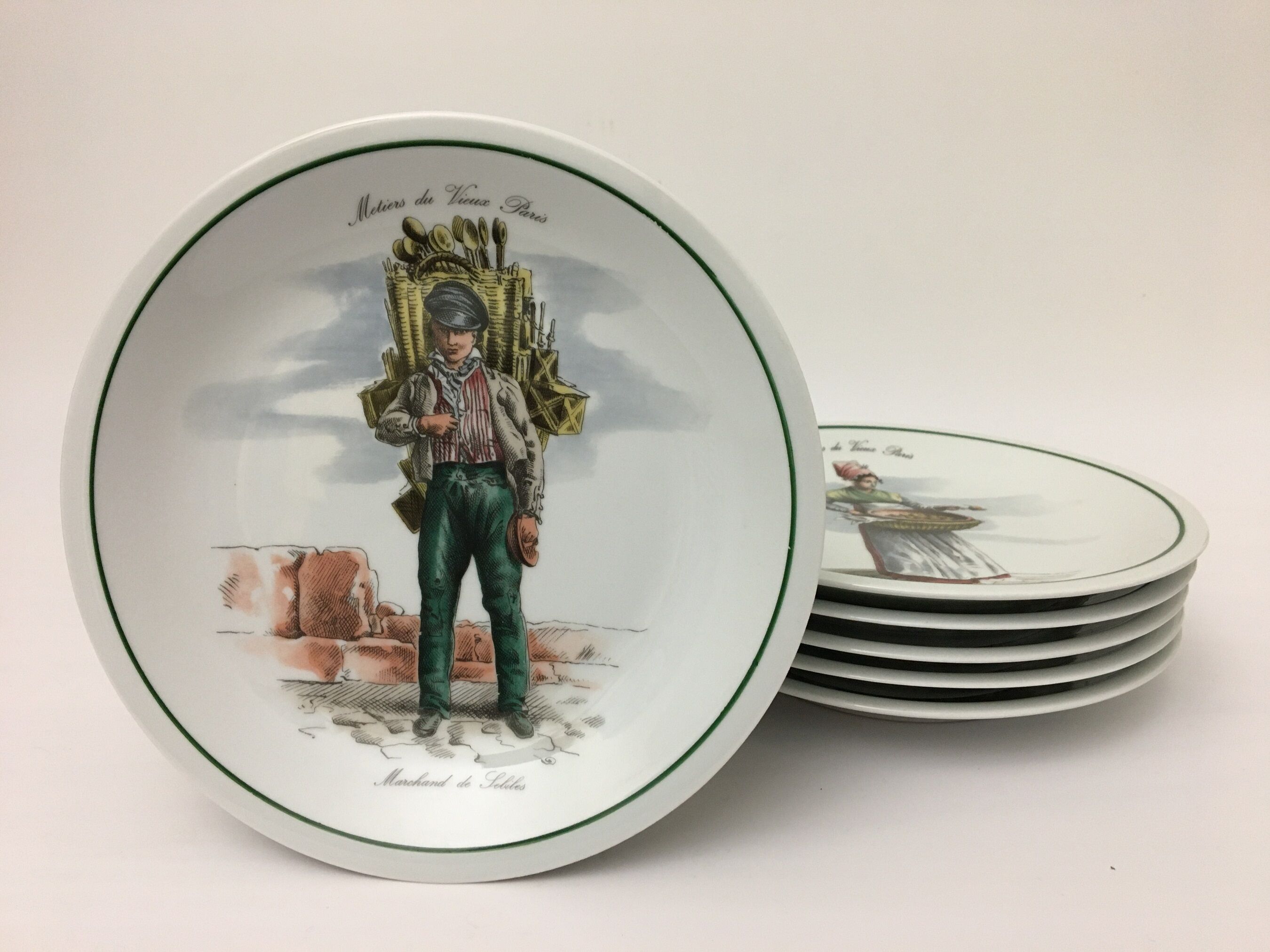 6 Dessert Plates "Métiers du vieux Paris", Porcelaine du Berry