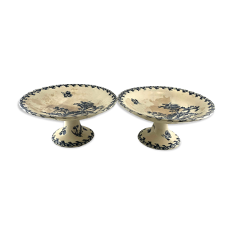 Pair de 2 coupes compotier Gien Modele chardon blanc et bleu terre de fer