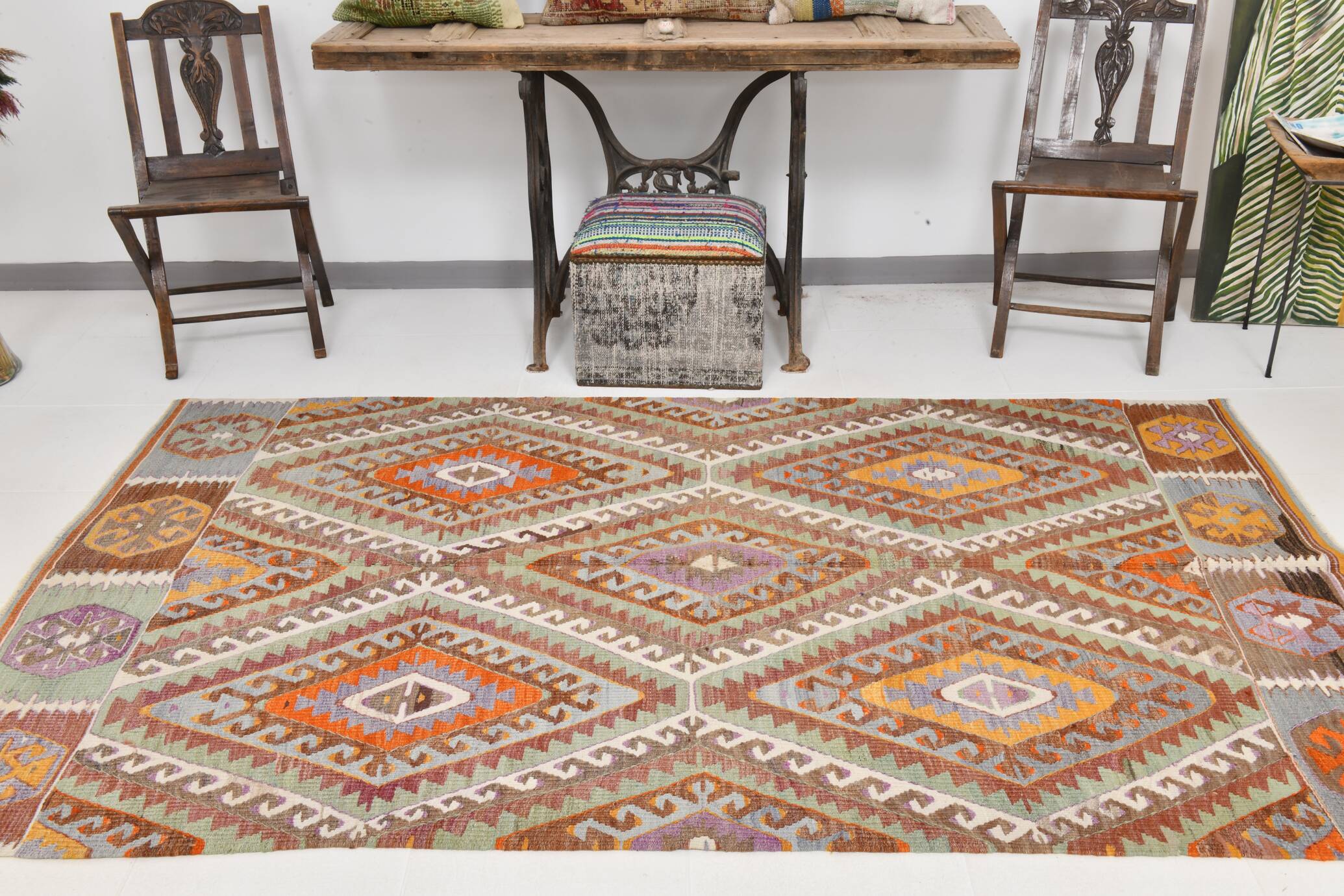 5x8 Green & Orange Tribal Vintage Kilim Rug, 146x255Cm SK 33083