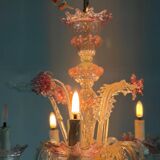 Small Venetian chandelier in colorless and red Murano glass, circa 1950