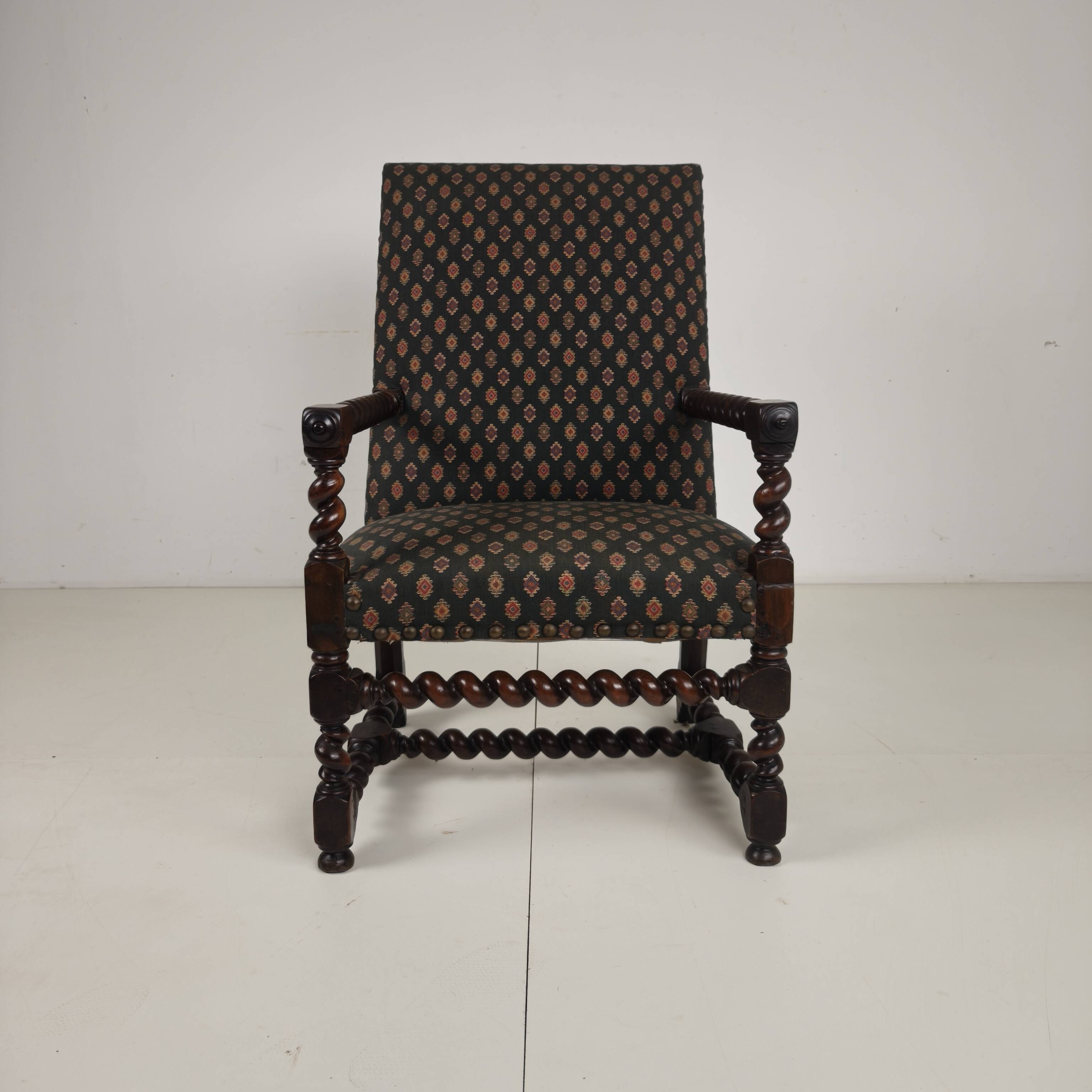 English Barley Twist Library Armchair in Dark Oak, circa 1700