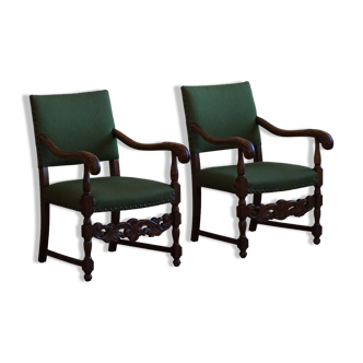 Oak and wool armchairs, Louis XIII style, by a French cabinetmaker from the 1930s.