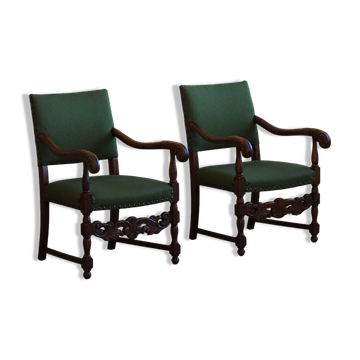 Oak and wool armchairs, Louis XIII style, by a French cabinetmaker from the 1930s.