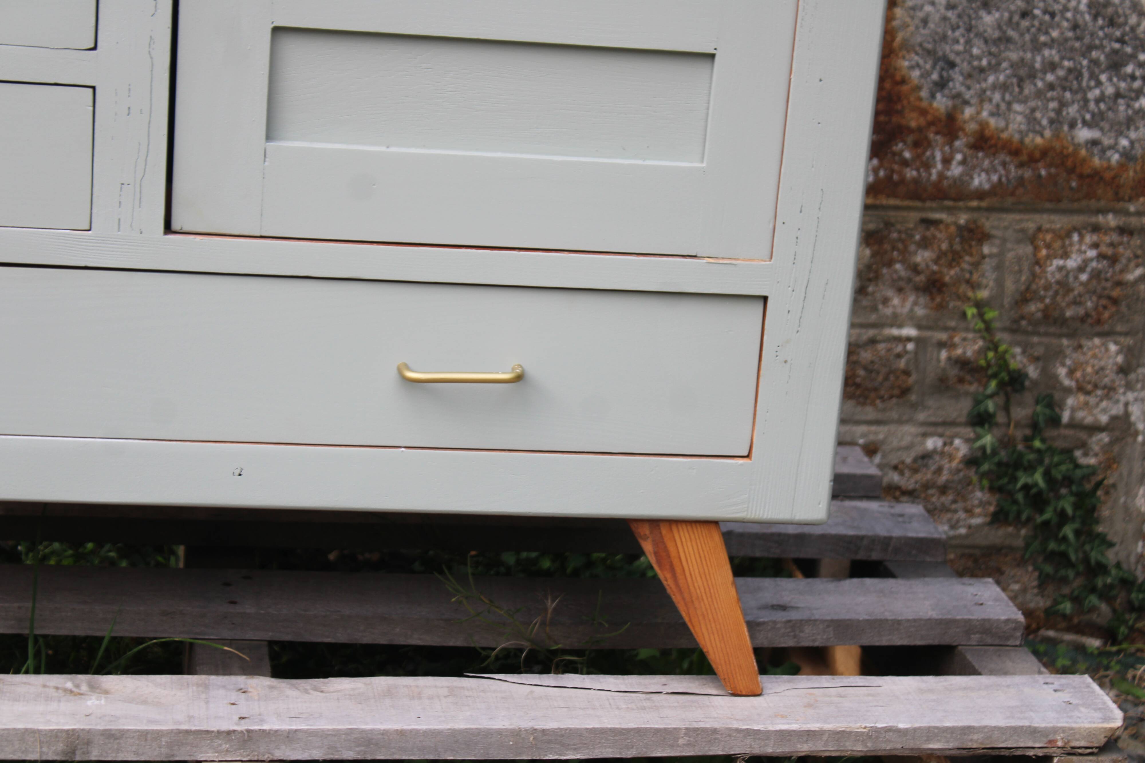 Vintage Parisian wardrobe in sage green – Mirror, hanging space and drawers
