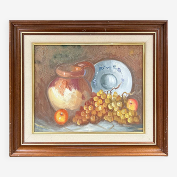 Tableau nature morte pichet et raisins