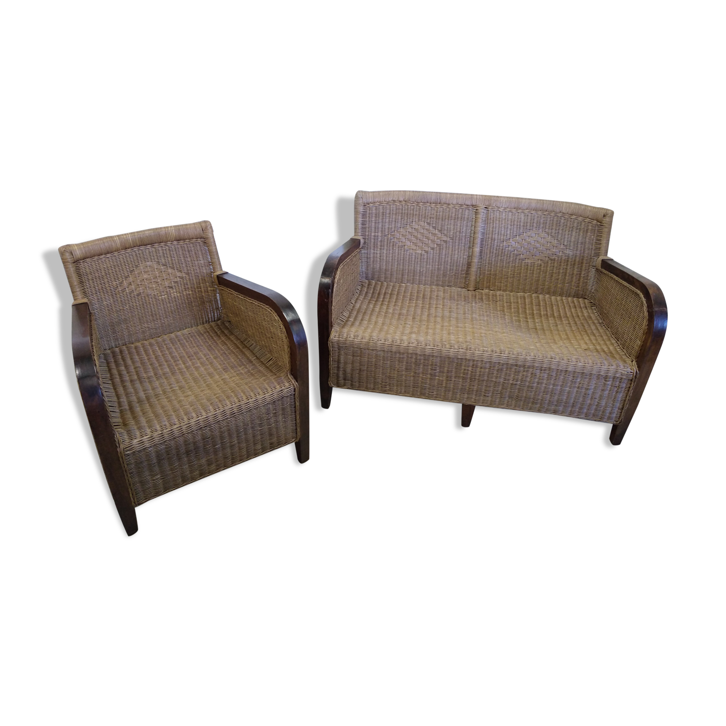 Bench seat and armchair in old rattan