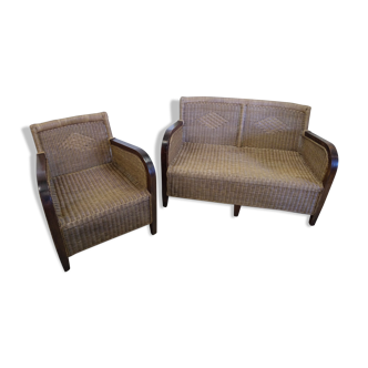 Bench seat and armchair in old rattan