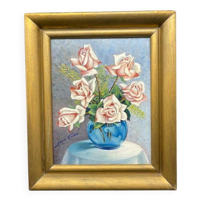 Nature morte aux roses – Huile signée, vase bleu, cadre doré vintage
