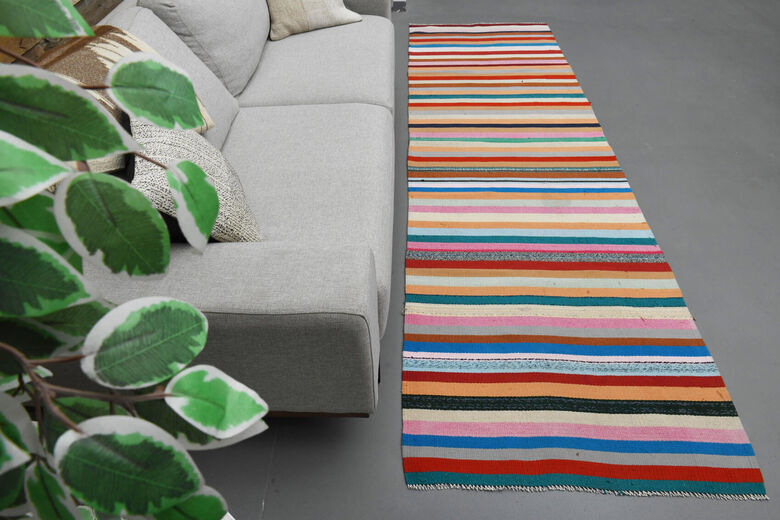 Vintage colourful flat kilim hallway rug 90x306 cm