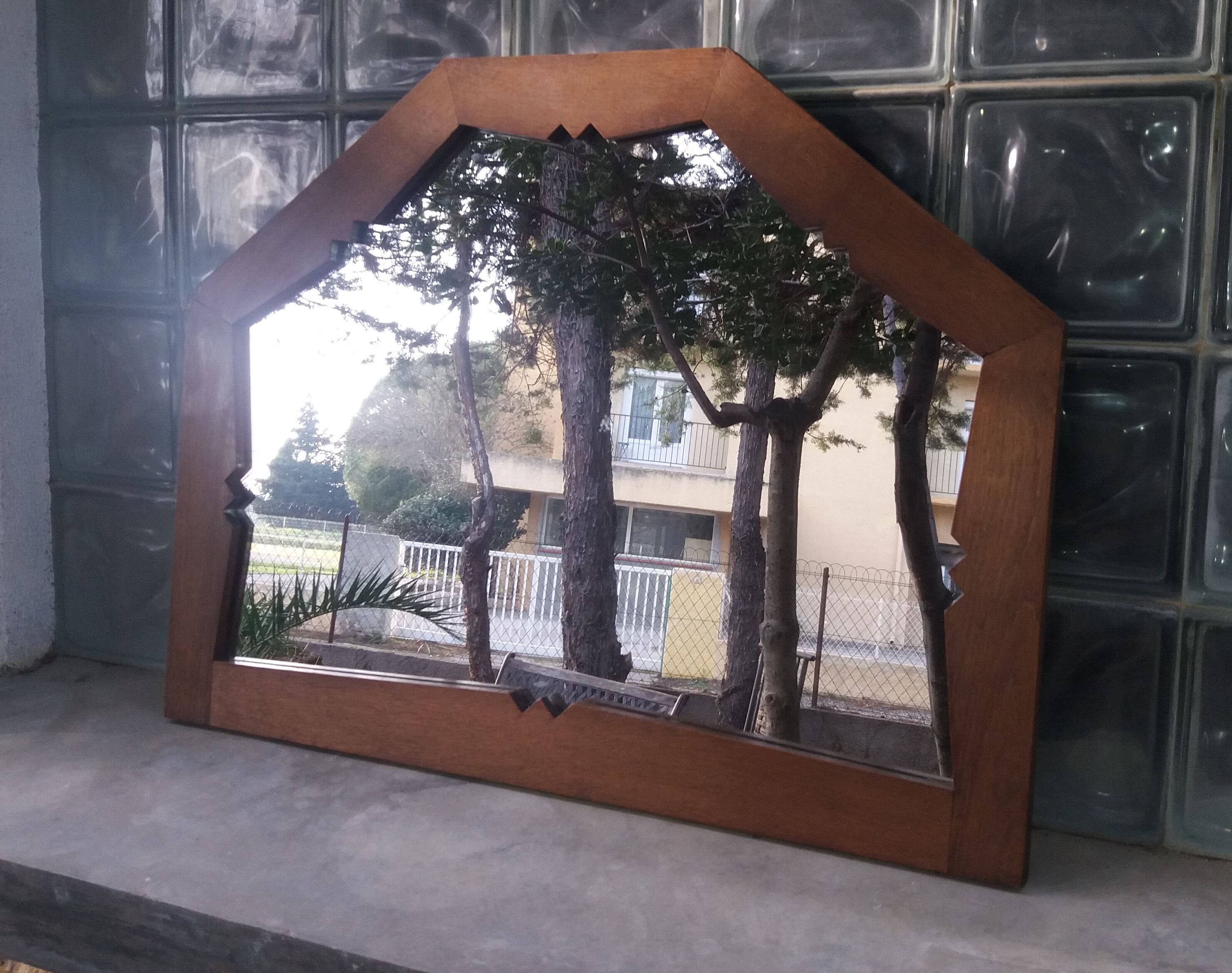 Art deco wooden trapeze mirror, 80x62cm