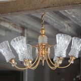 Vintage pendant light, brass pendant light with glass globe, 6-light chandelier