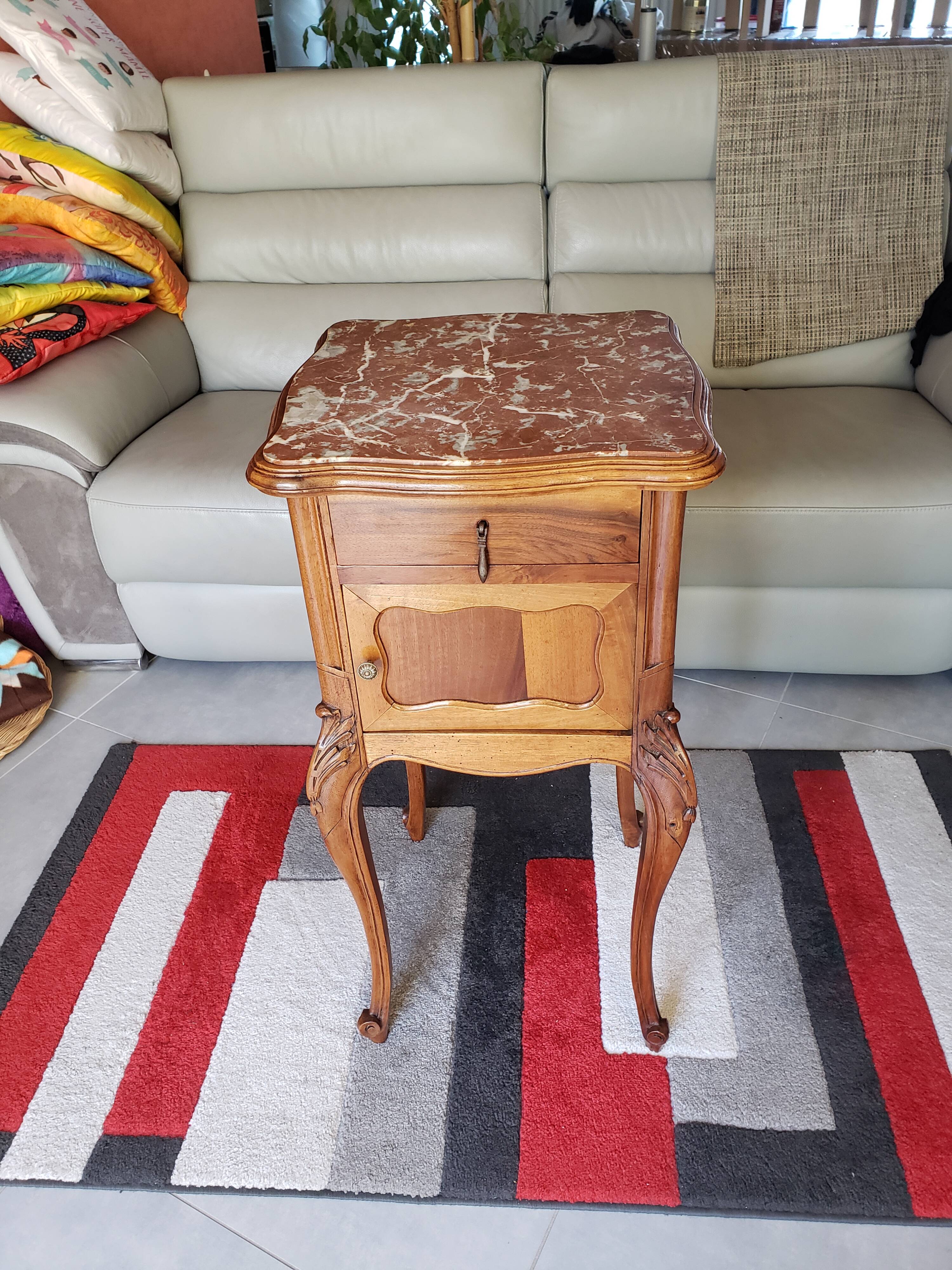 Antique walnut and marble bedside table