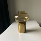 Vintage MCM Danish Design Hurricane Candleholder in Brass and Amber colored glass