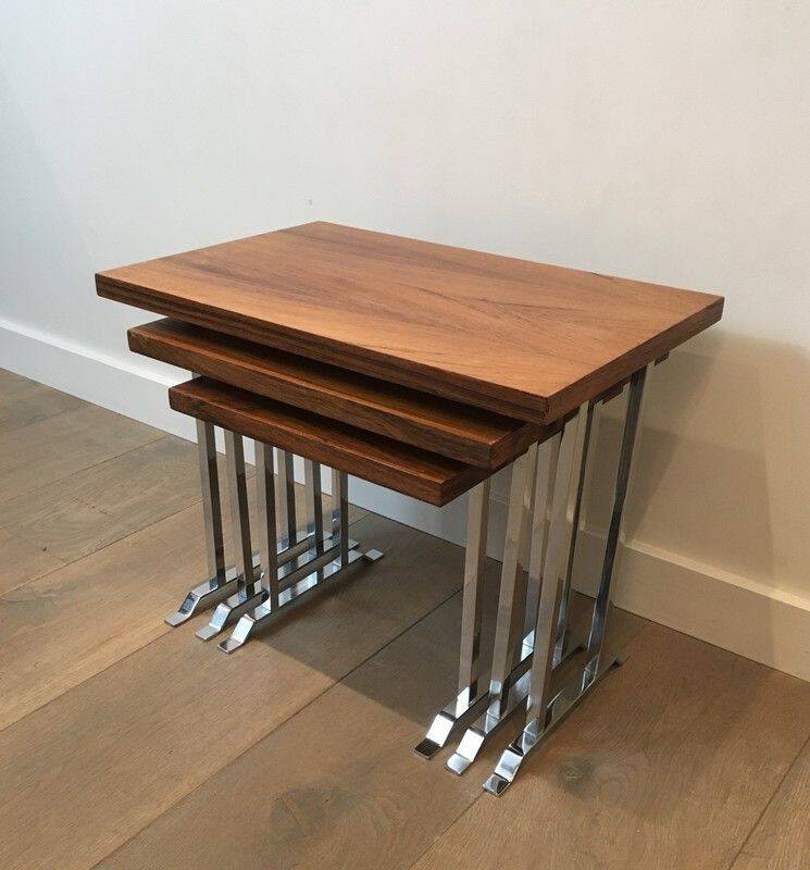 Set of 3 nesting tables in exotic wood and chrome