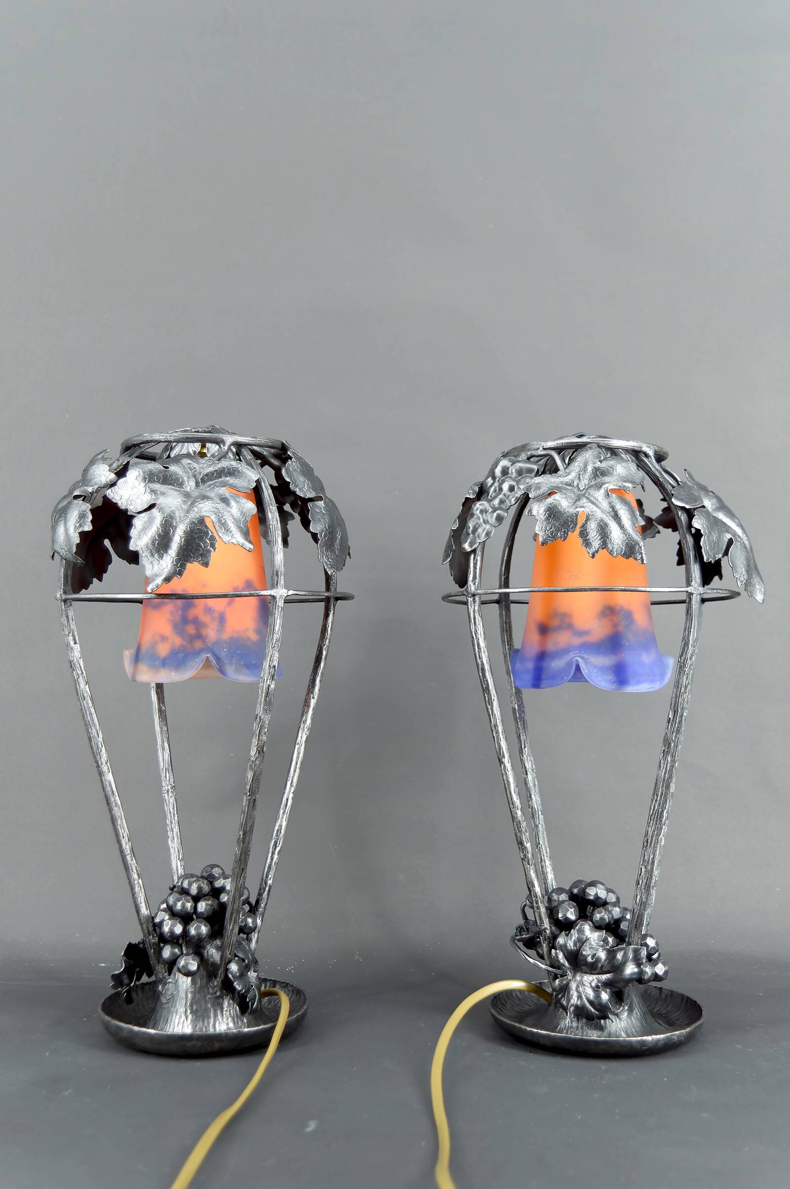 Pair of Wrought Iron Lamps, Vine Theme, Müller Frères, Art Deco, 1925