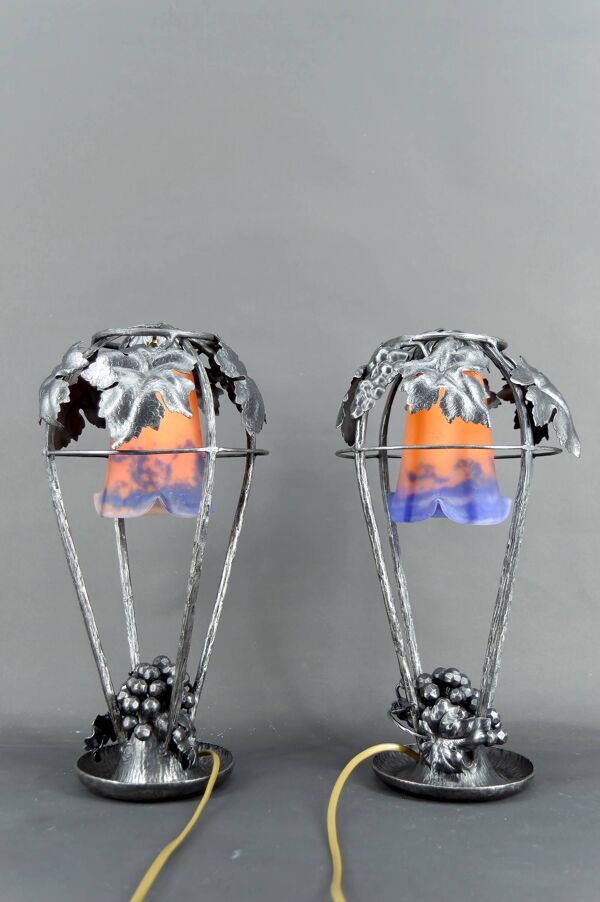 Paire de Lampes Fer Forgé, Thème de la Vigne, Müller Frères, Art Déco, 1925