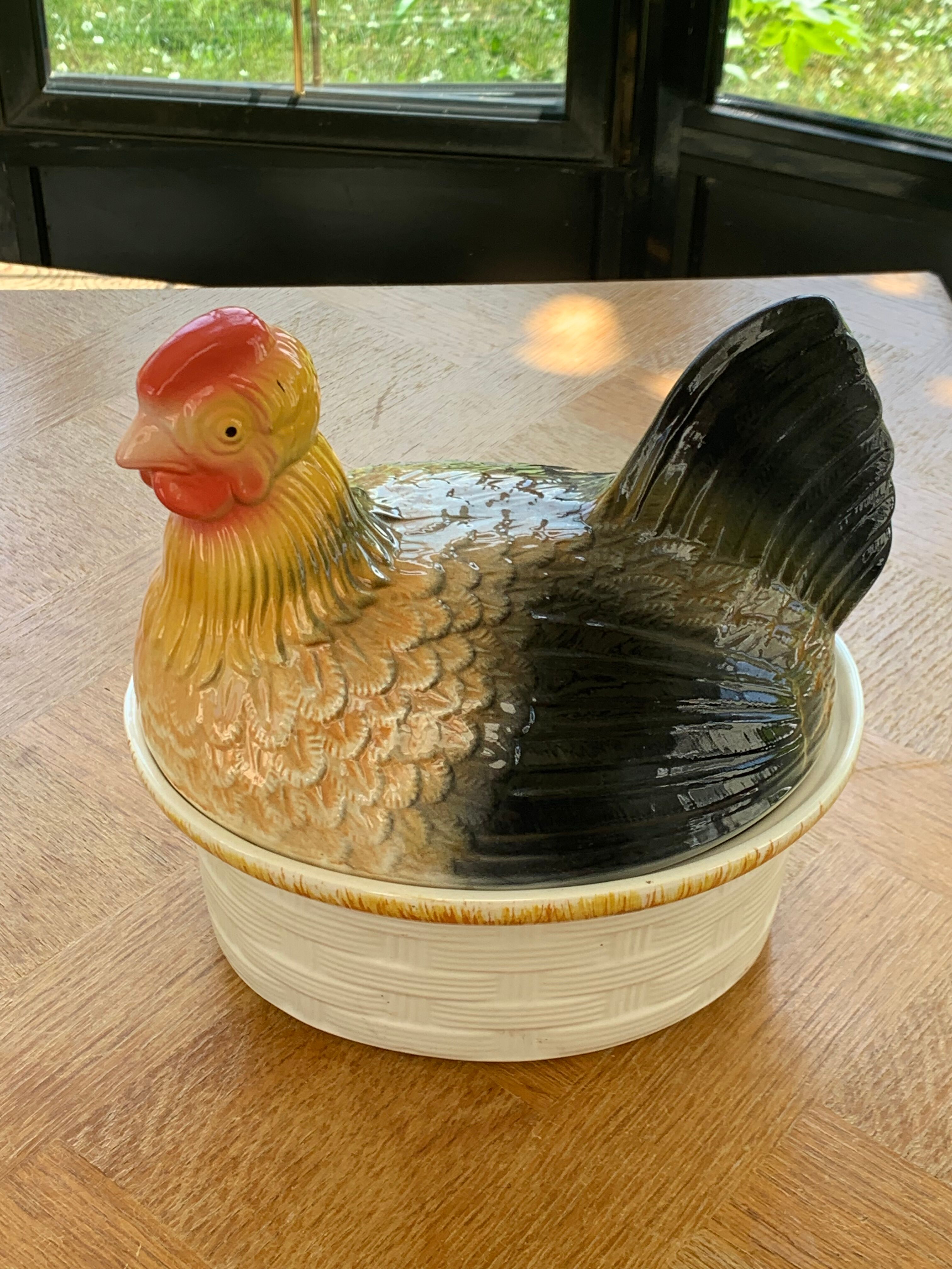 Terrine hen in slurry, vintage glazed ceramic