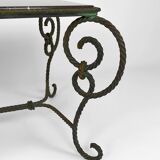 Coffee table in patinated wrought iron and black marble, circa 1940