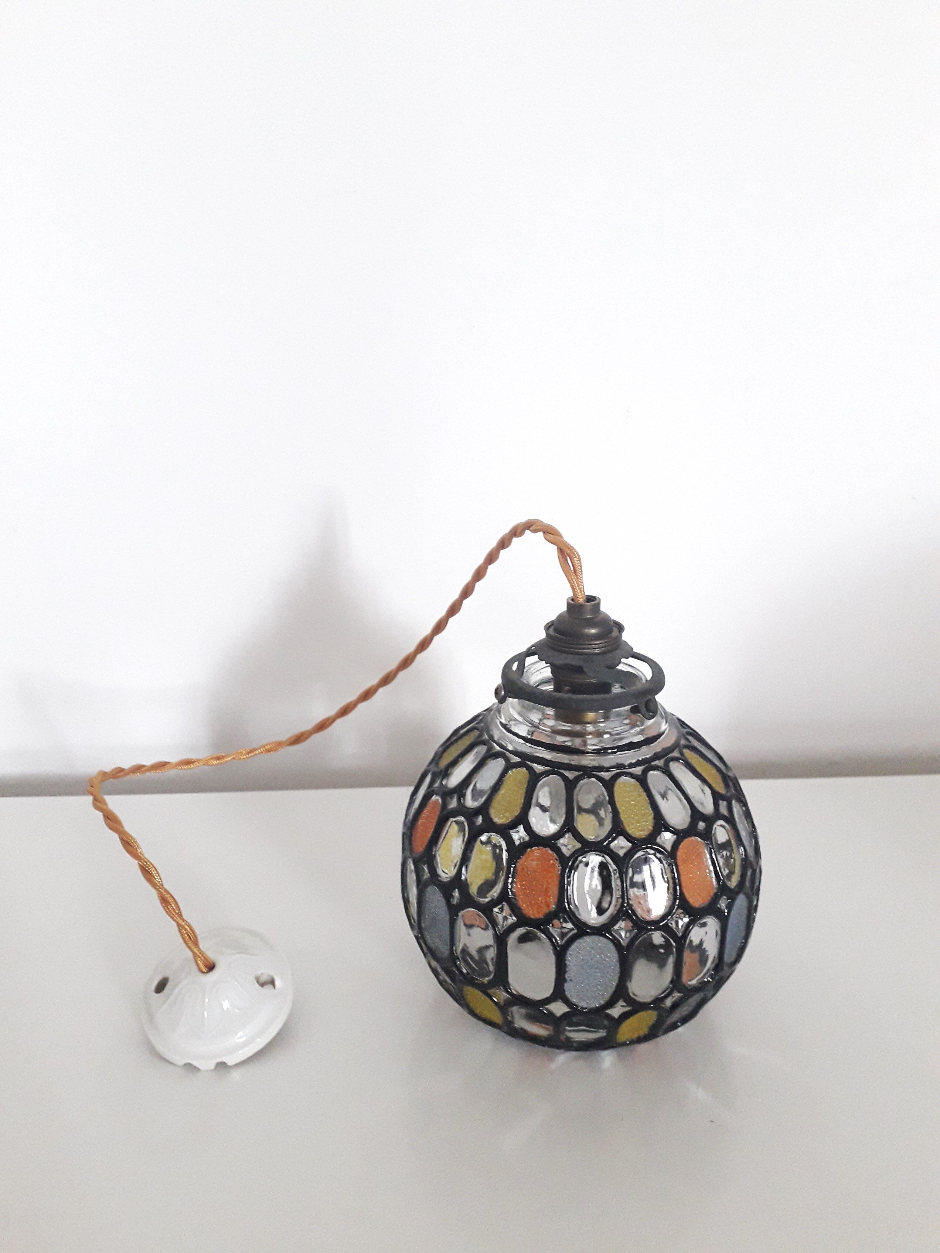 Old art deco pendant lamp - Partitioned and colored glass globe - 1930