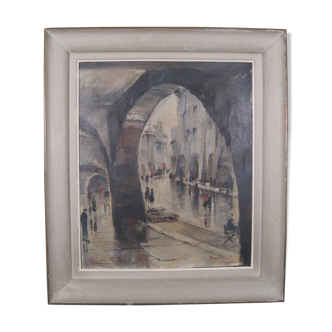 Oil on canvas painting of the XX th les arcades d'annecy , signed 1947