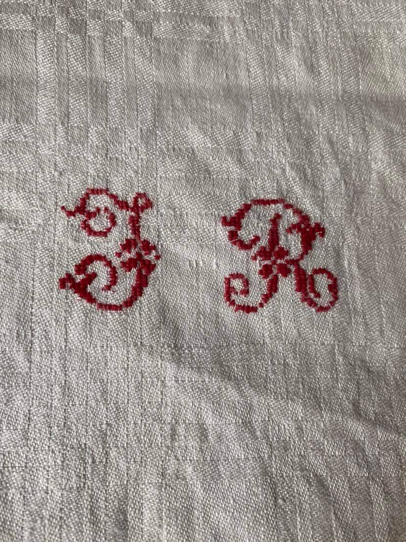 4 large damask tea towels JR monogram cross stitch.