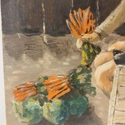 Old painting, portrait of a boy in a vegetable garden signed Dufraisse dated 1944