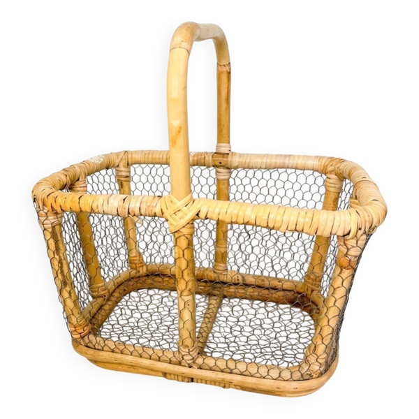 Grand Panier à Œufs en Rotin & Grillage (Années 60-70)