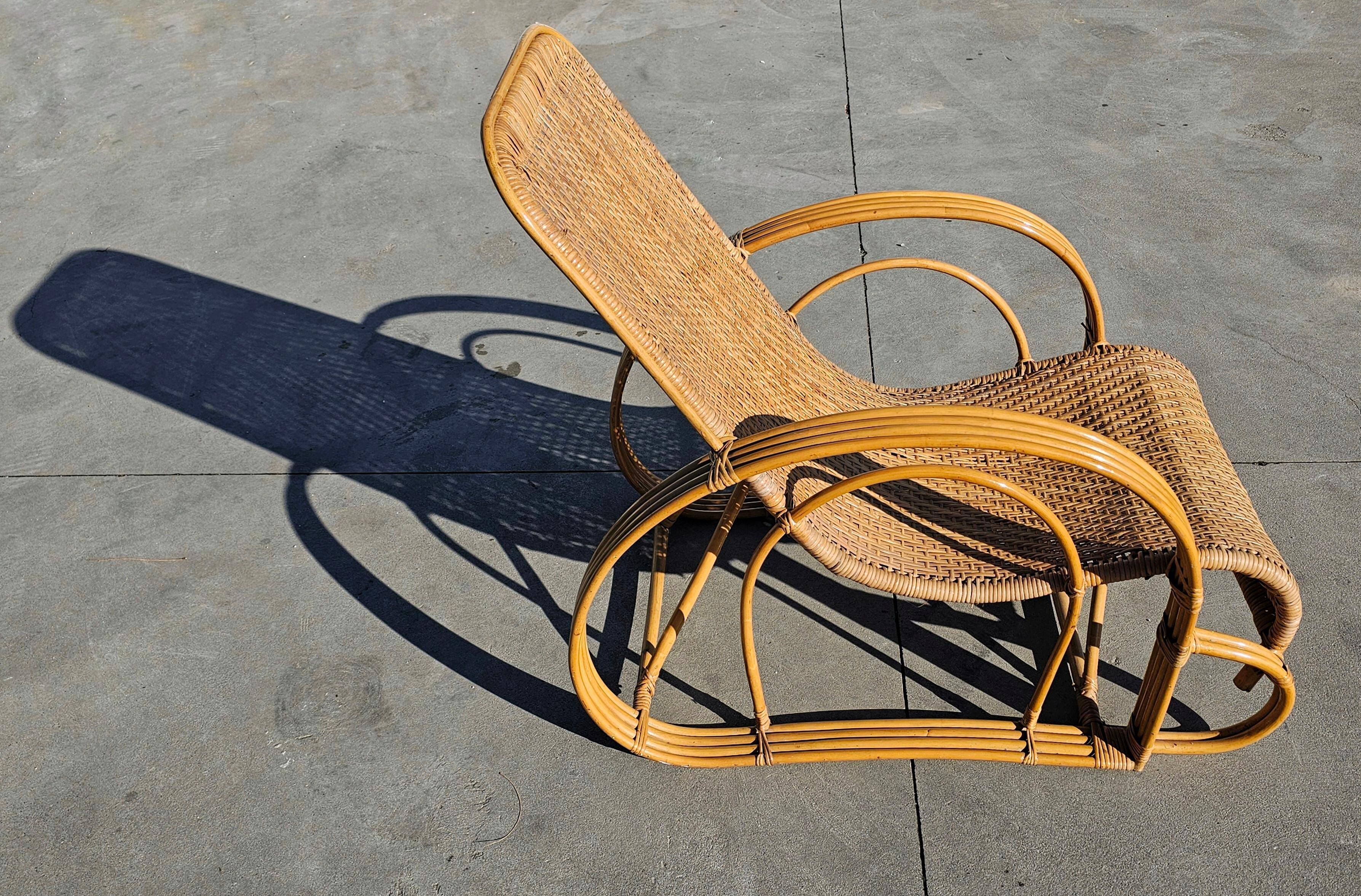 Paire de chaises longues XXL Mid Century Modern en bambou et rotin