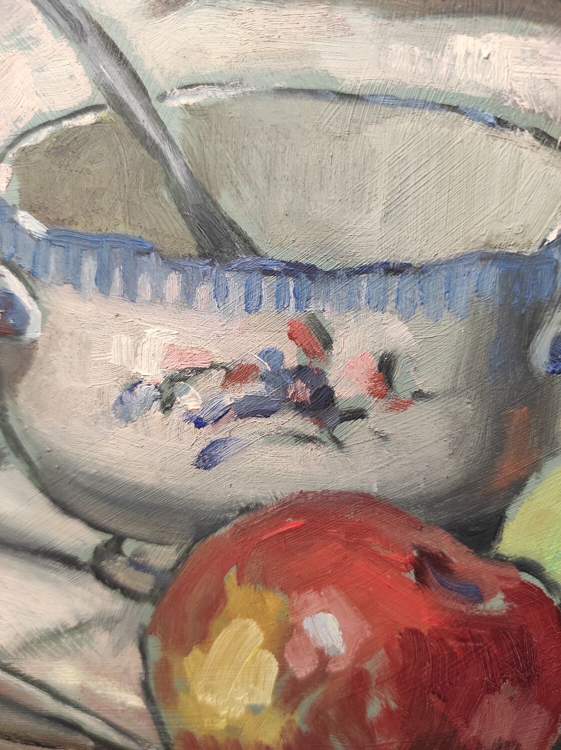 Still life with apples and oil bowl on cardboard 30s
