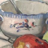 Still life with apples and oil bowl on cardboard 30s