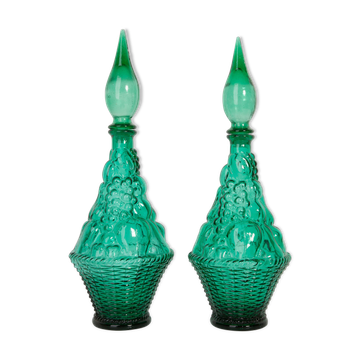 Set of two Genie green glass carafes.