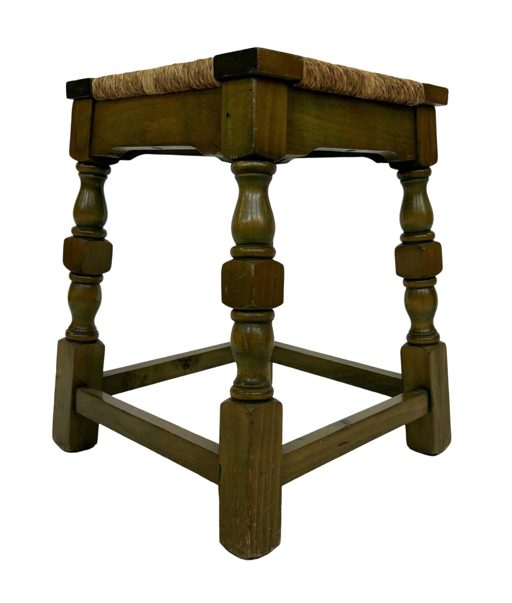 Vintage wooden stool straw seat 70s minimalist design in green
