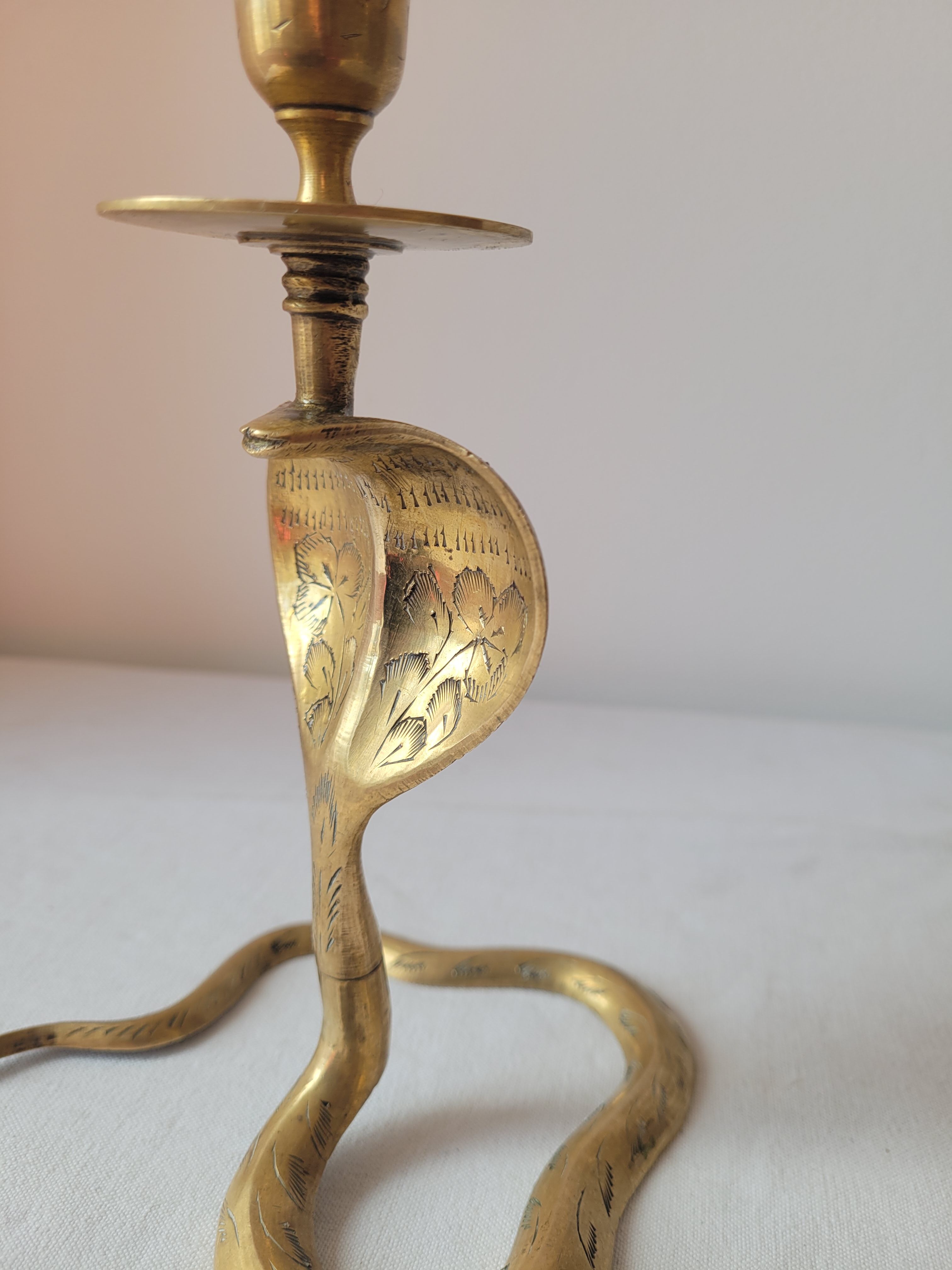 Zoomorphic snake cobra brass candle holder