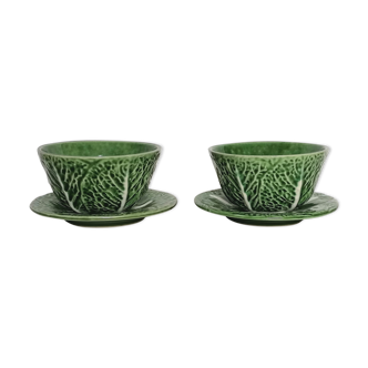 Two bowls in dabbling and their plates leaves cabbage