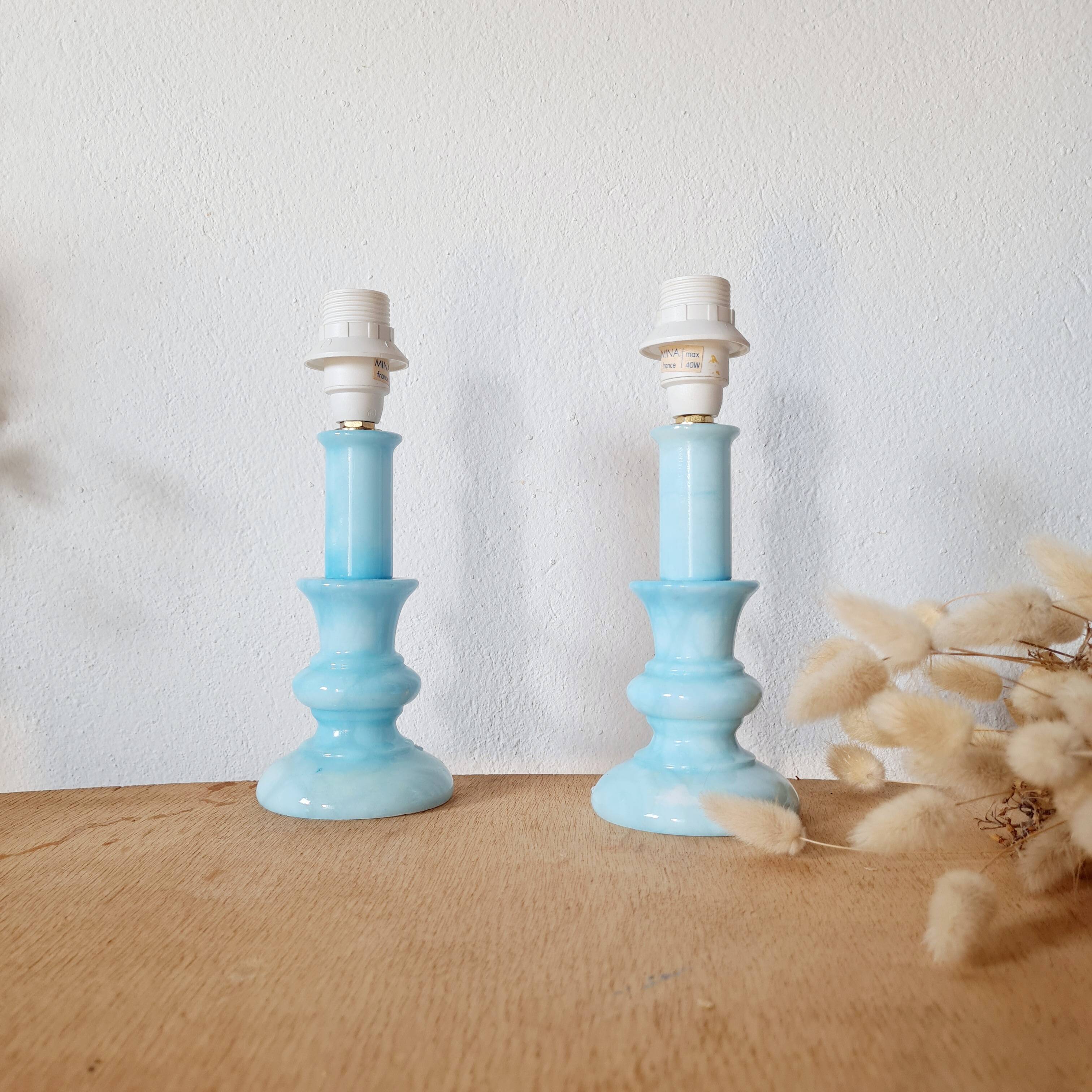 Pair of vintage azure blue alabaster bedside lamps