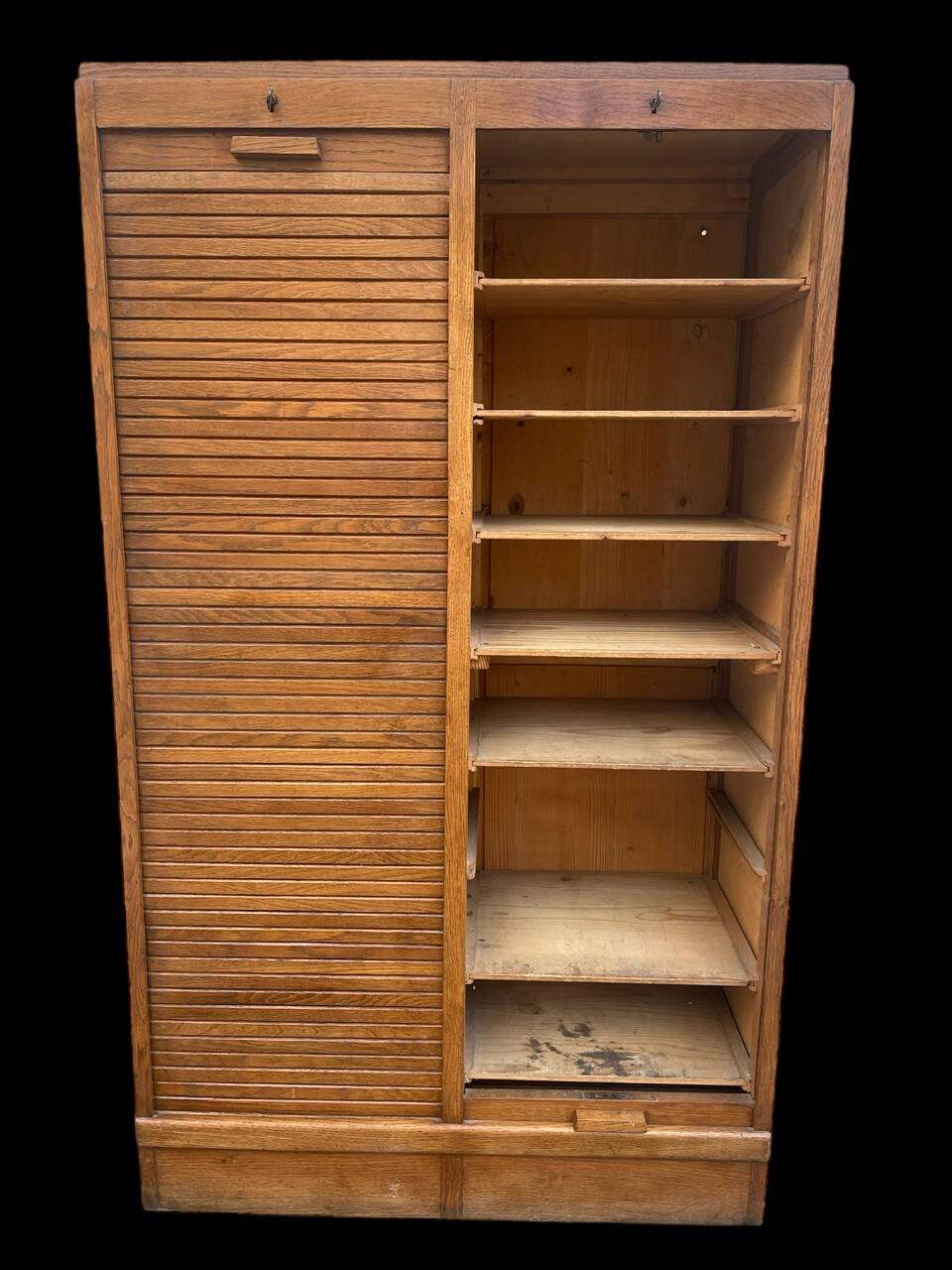 Oak double curtain file cabinet from the 1940s